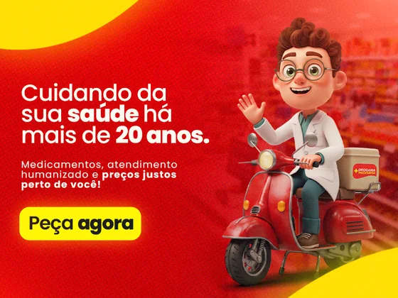 Banner da Drogaria MedFarma: cuidando da sua saúde há mais de 20 anos — ilustração de entregador farmacêutico em uma scooter